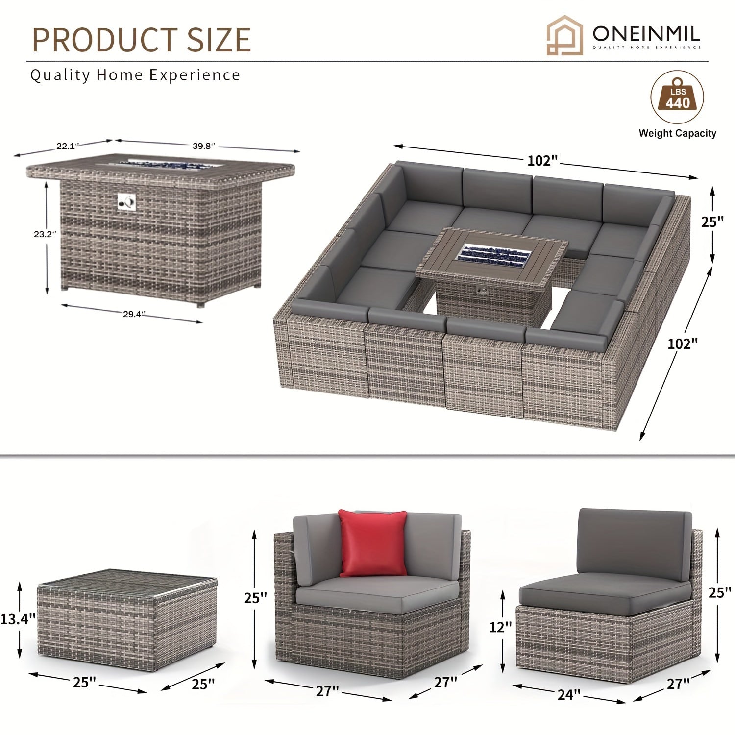 15 Pieces Patio Furniture Set - Grey Wicker Rattan Sectional Sofa with Coffee Table, 40" Fire Pit Table, Outdoor Conversation Set for Garden and Backyard