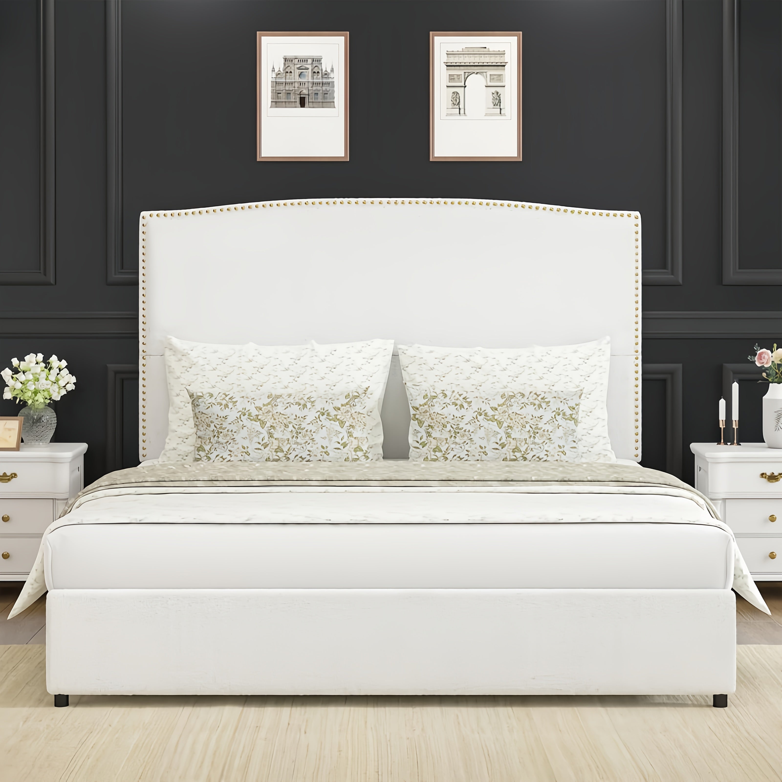 Full Queen King Size Bed Frame with 56" Tall Headboard - Boucle Upholstered Platform Bed with Nailhead Trim, Grey/Beige/White, No Box Spring Needed, Easy Assembly, Hardwood Frame Contemporary Bedroom Furniture, Home Decor, Mo