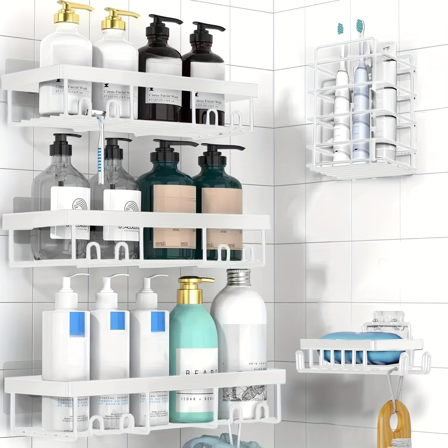 5 Pack Shower Caddy, Large Capacity Wall-Mounted Bathroom Shelf with Rustproof 304 Stainless Steel Shower Organizer Rack, No Drill Installation Suitable for Shower, Bathtub, for inside Shower Storage, Shower Caddies
