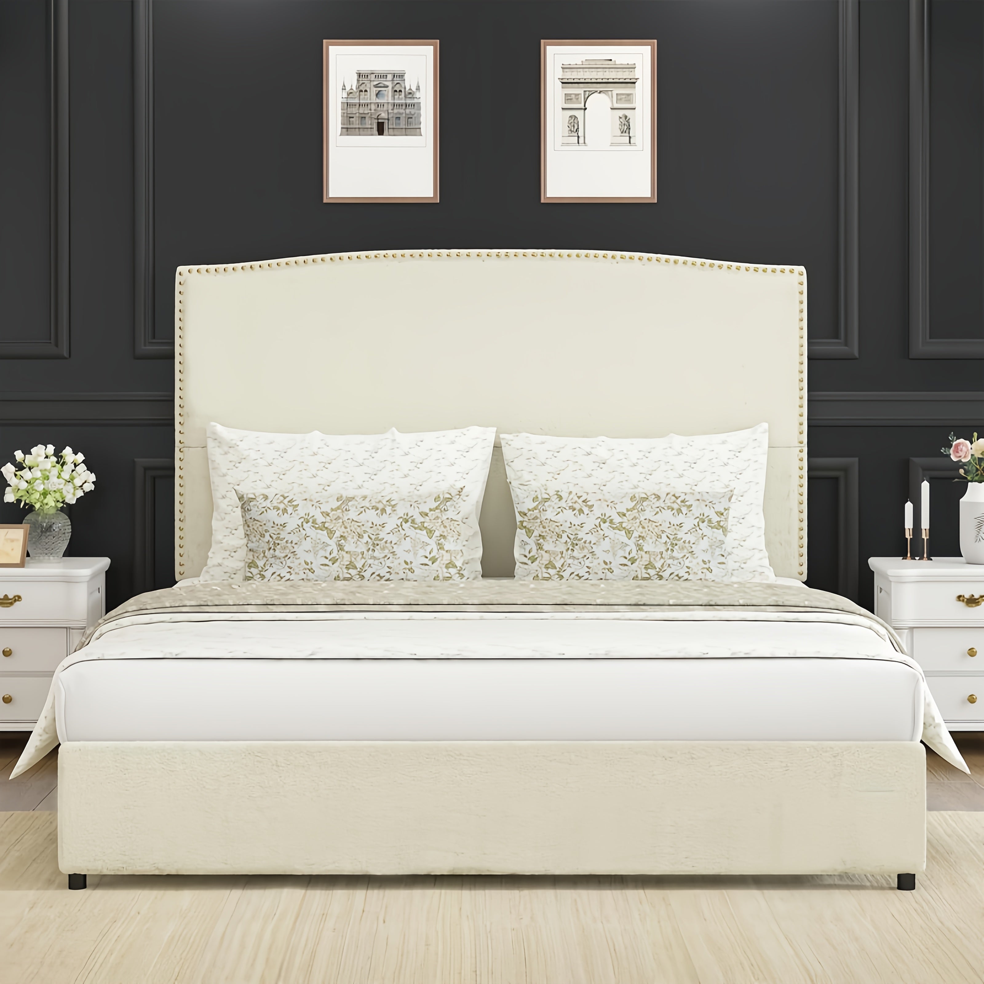 Full Queen King Size Bed Frame with 56" Tall Headboard - Boucle Upholstered Platform Bed with Nailhead Trim, Grey/Beige/White, No Box Spring Needed, Easy Assembly, Hardwood Frame Contemporary Bedroom Furniture, Home Decor, Mo