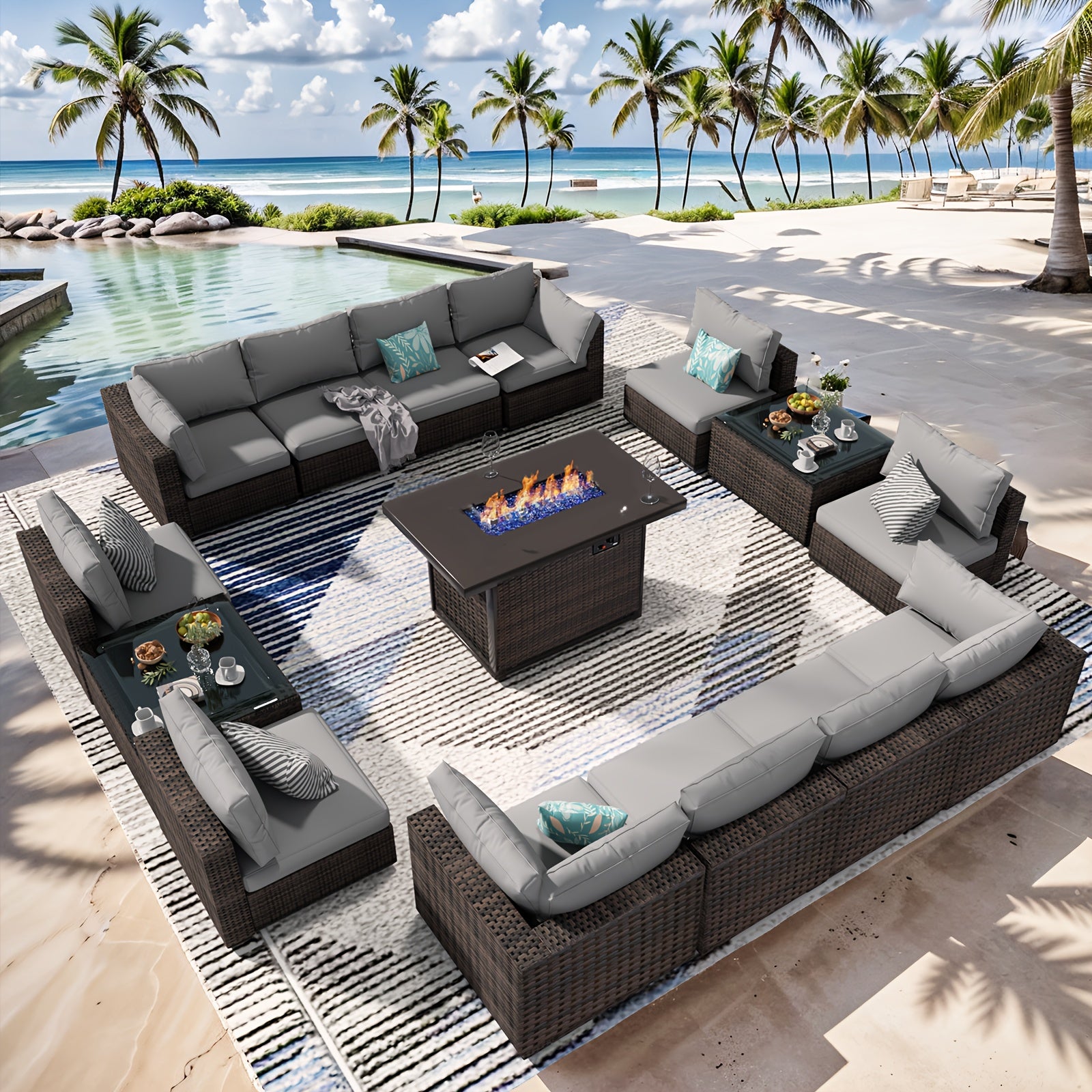 15 piece 15 pieces 15-Piece Black Rattan Patio Furniture Set with Fire Pit Table, Glass Coffee Table, and Cushions for Backyard