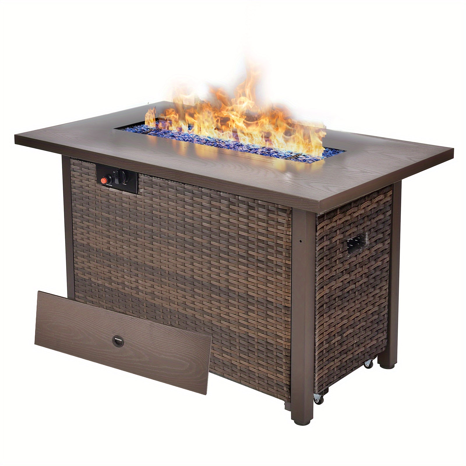 5pcs Patio Furniture Set With Fire Pit Table, All Weather Outdoor Sectional PE Rattan, Patio Conversation Sets With Cushions And Glass Coffee Table For Garden Lawn Balcony