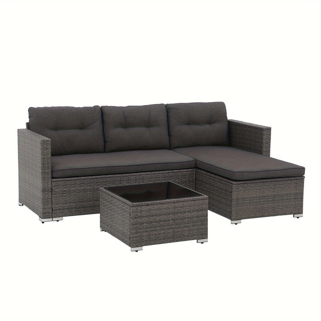 All-Weather Wicker Patio Furniture Set - Includes Sectional Sofa, Chaise Lounge & Glass Coffee Table | Durable Rattan with Metal Frame for Deck, Balcony, Porch | Grey