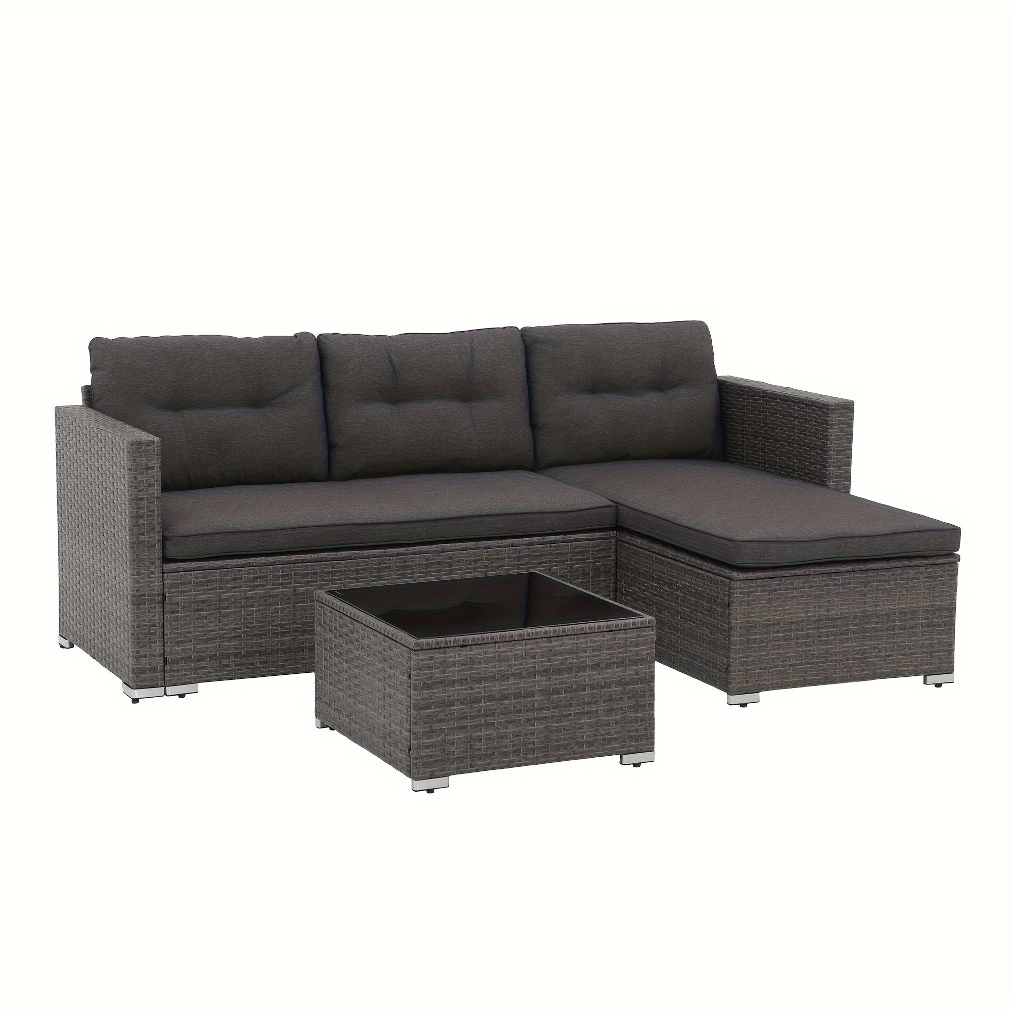 All-Weather Wicker Patio Furniture Set - Includes Sectional Sofa, Chaise Lounge & Glass Coffee Table | Durable Rattan with Metal Frame for Deck, Balcony, Porch | Grey
