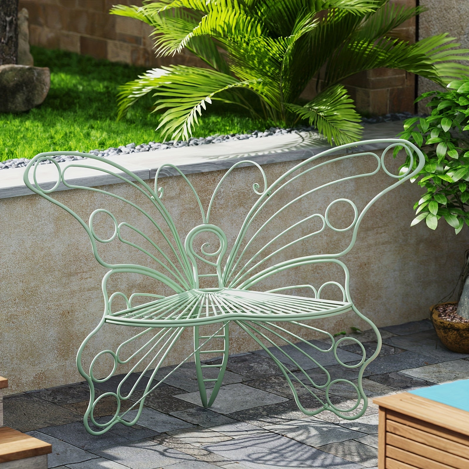50 Inches Outdoor Bench, Garden Bench with Sturdy Iron Metal Frame, Pretty Butterfly Bench Front Porch Bench for Porch, Lawn, Garden, Yard, Outdoor Bench with Storage, Bench for Garden, Outdoor Furniture, Garden Bench Outdoor