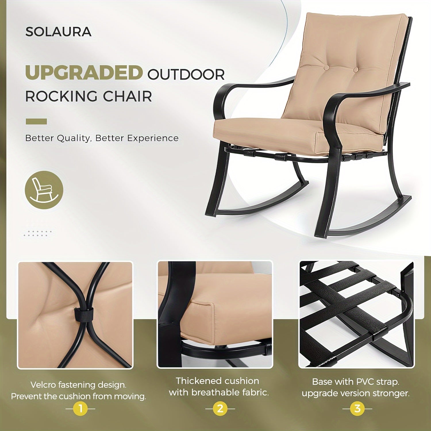 3-Piece Outdoor Rocking Chairs Bistro Set, Black Iron Patio Furniture With Red Thickened Cushion & Glass-Top Coffee Table