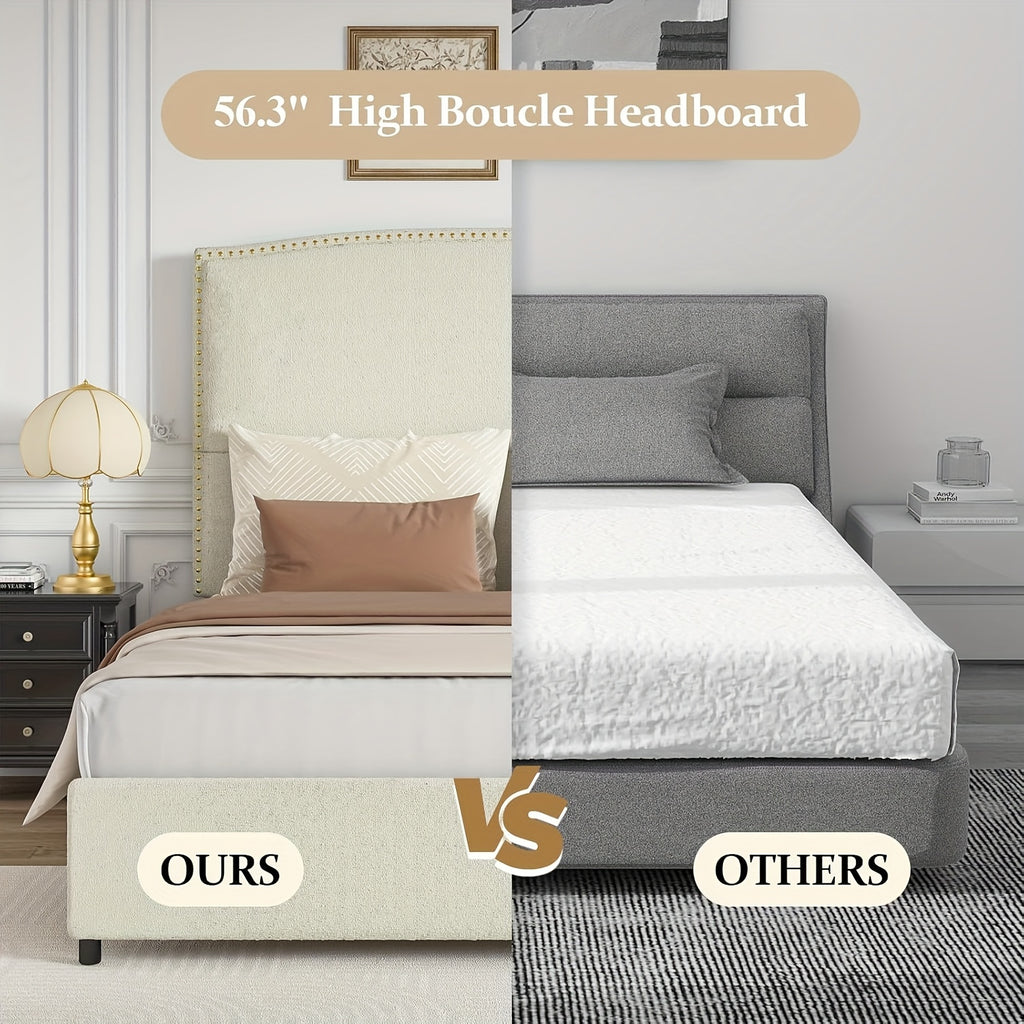 Elegant Queen King Size Bed Frame with 56" Tall Headboard, Boucle Upholstered Platform Bed with Nailhead Trim, Soft Beige/Grey/White Fabric, No Box Spring Needed, Easy Assembly, Classic Hardwood Design for a Luxurious Bedroom