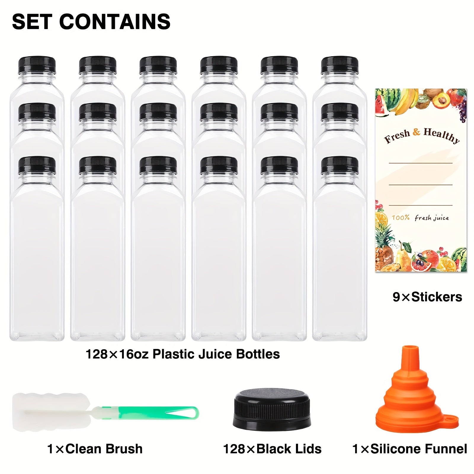 128 empty plastic bottles, 128 tamper-proof black caps, 1 rubber funnel, 1 sponge brush, 16oz Empty Plastic Juice Bottles with Caps, Bulk Clear Beverage Containers for Juicing, Drinking, Milkshake, Tea and Other Beverages
