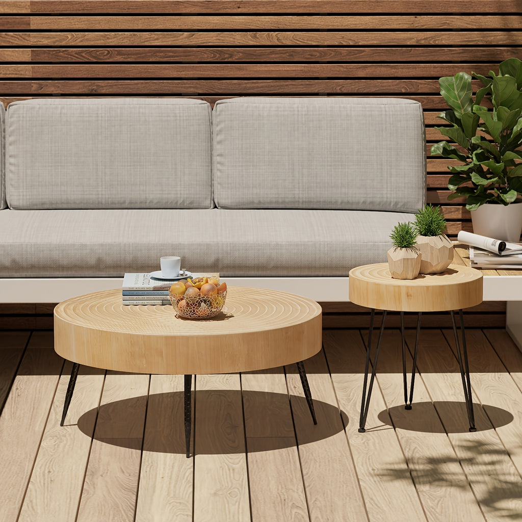 Farmhouse 2pcs Modern Coffee Table Set, Nesting Table Round Natural Finish with Handcrafted Wood Ring Motif, Patio Furniture, Garden Decor, Rustic Design, Farmhouse Style, Durable Wood, Solid Build, Accent Tables, Side Tables