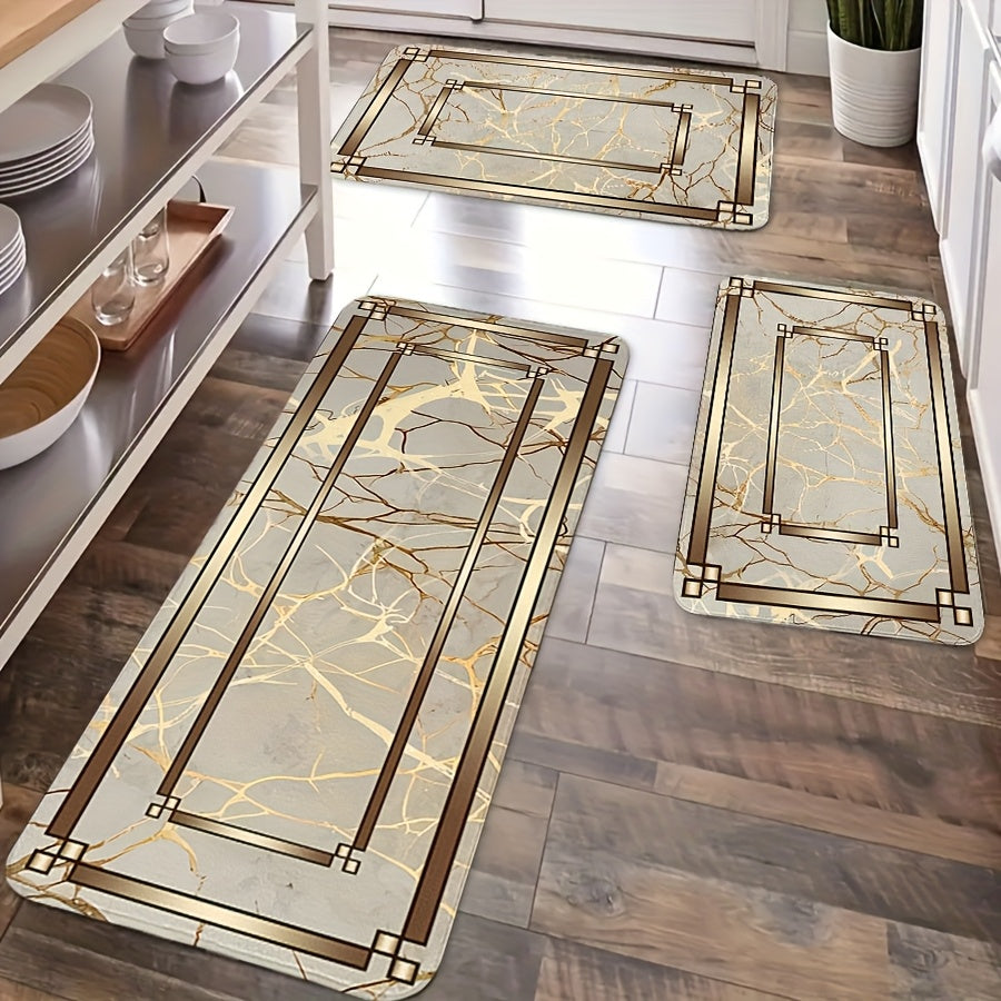 2/3pcs Spring Summer Kitchen Decor Mat Set, Marble Style Gold Plated Printed Floor Mats for Home & Laundry Room Entrance Doorway – Absorbent Lightweight Washable Easter Mother's Day Valentine’s Gift, Kitchen Floor Mats, K