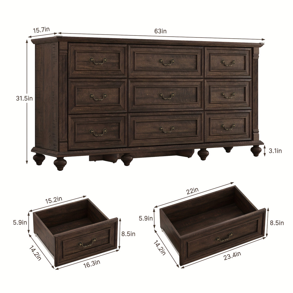 Farmhouse 63in Wide 9 Drawers Dresser with 6 Gourd Feet And Roman Column Decor, Bedroom Furniture, Storage Solution, Classic Design, Elegant Furniture, Mdf Material, Durable Wood, Wide Storage, Spacious Dresser