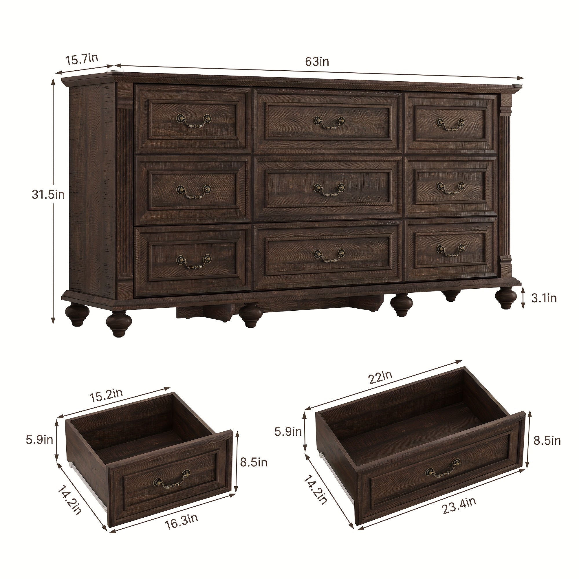 Farmhouse 63in Wide 9 Drawers Dresser with 6 Gourd Feet And Roman Column Decor, Bedroom Furniture, Storage Solution, Classic Design, Elegant Furniture, Mdf Material, Durable Wood, Wide Storage, Spacious Dresser