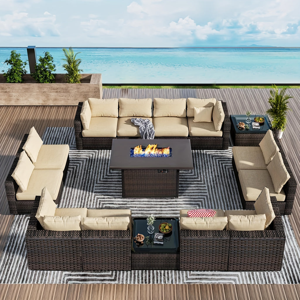 15pcs Patio Furniture Sectional Sofa 50000 BTU Propane Gas Fire Pit Table, Outdoor PE Rattan Patio Conversation Set with Glass Coffee Tables And Cushions for Garden, Poolside, Backyard, Patio Table And Chair Set, Outdoor Pati