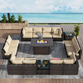 15pcs Patio Furniture Sectional Sofa 50000 BTU Propane Gas Fire Pit Table, Outdoor PE Rattan Patio Conversation Set with Glass Coffee Tables And Cushions for Garden, Poolside, Backyard, Patio Table And Chair Set, Outdoor Pati