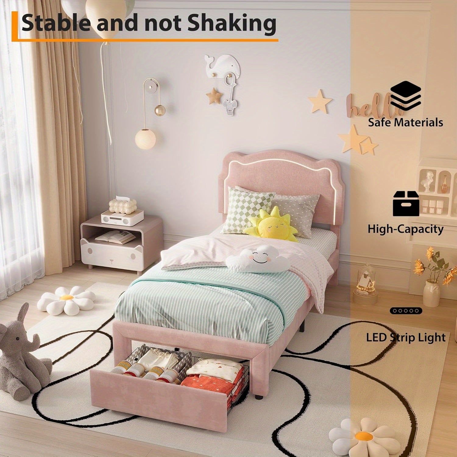 Girls' Twin Size Platform Bed Frame with Adjustable Bear Headboard - Pink Kids bed, No Box Spring Needed, Noise-Free, Hardwood - Girls' Bedroom Furniture for Princess Decor, Sleepover Bed Solution, Whimsical Kids' Style, Rgb