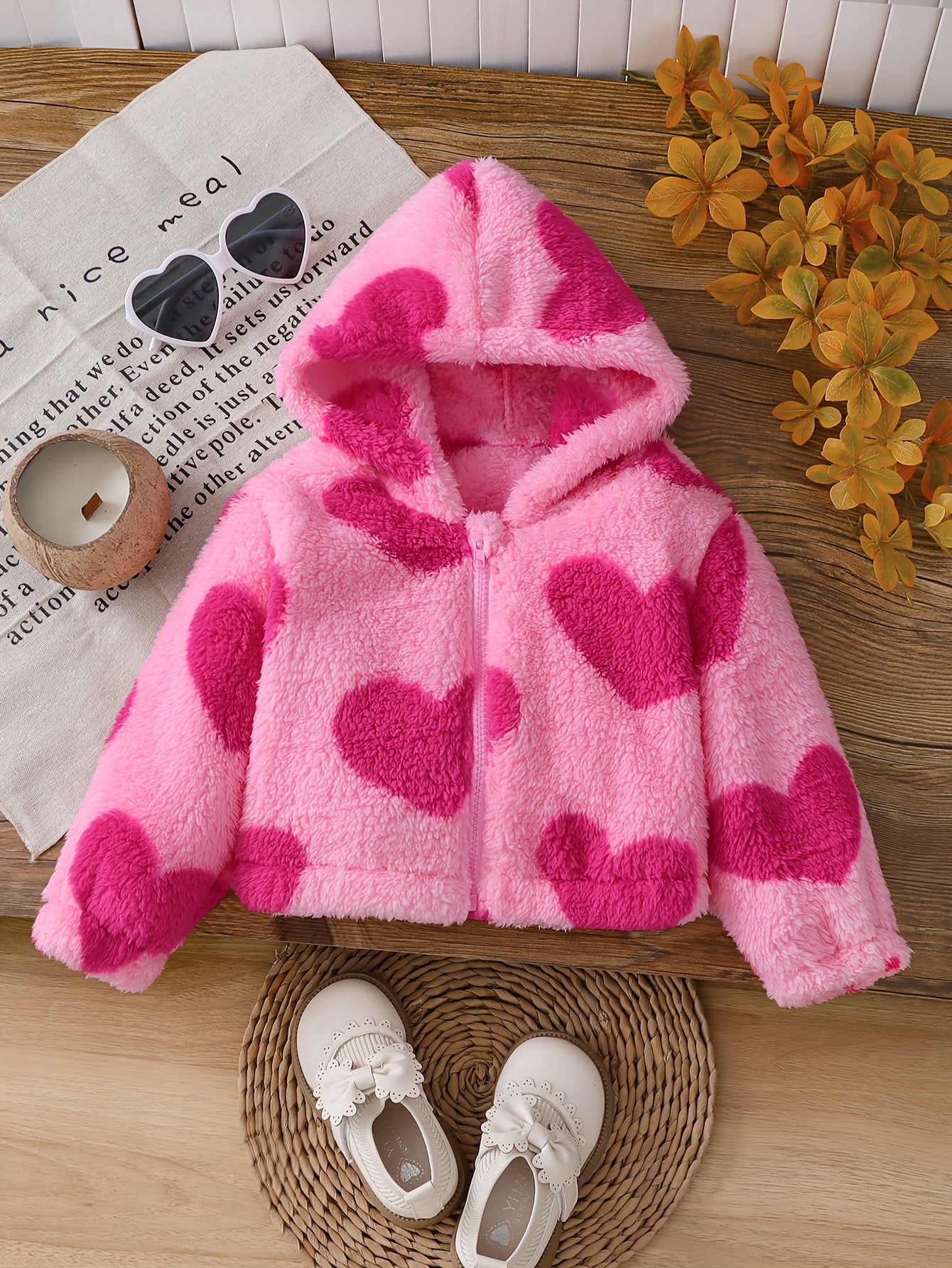 Girls' Jacket, Casual Fashion Heart Plush Hooded Zip-Up Long Sleeve, Solid Color, Spring/Autumn