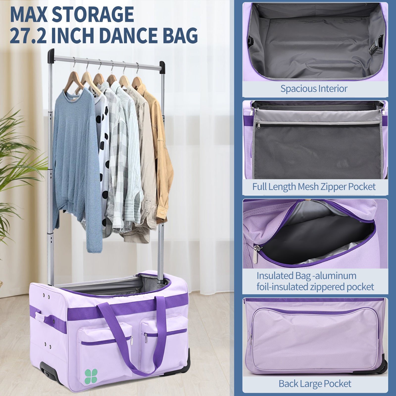 Dance Bag With Garment Rack, 27 Inch Dance Competition Bag Garment Duffel Bag For Competition Events, Travel, Recital Events, Rolling Garment Bag Travel Dance Bag for Girls Boys