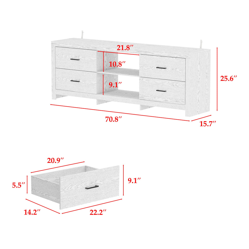 70.8" Modern White TV Stand with 4 Drawers & 2 Shelves - Engineered Wood Media Console, Stable Legs, Multi-Purpose Storage Cabinet for Living Room, Bedroom, Entryway - Easy Assembly, Ideal Gift, Tv Table for Living Room, Bedr