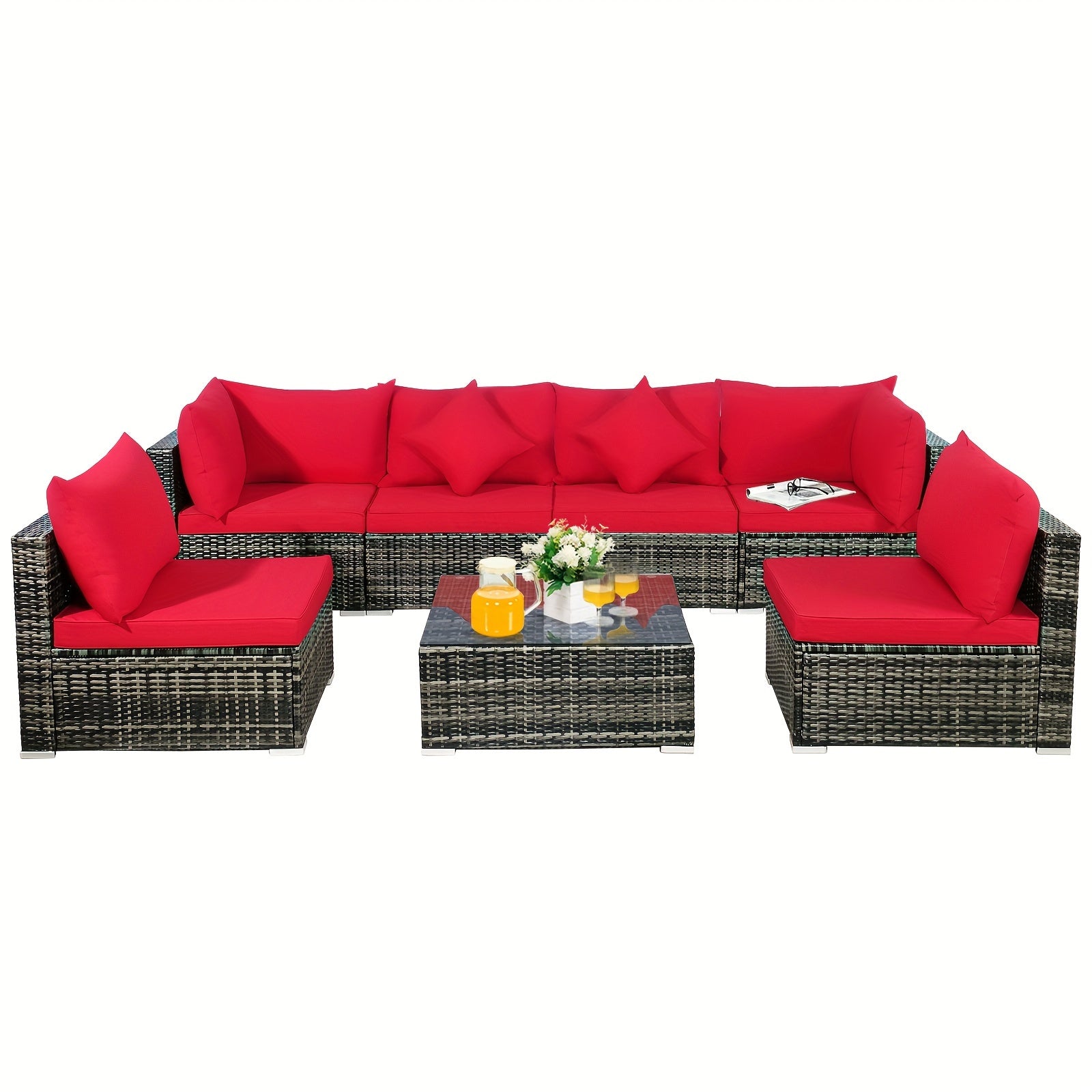 7pcs Outdoor Patio Furniture Set with Red Cushions - Wicker Sectional Sofa, Coffee Table, and Pillows - All-Weather PE Rattan & Anti-Rust Steel Frame for Garden Leisure, Patio Furniture Outdoor