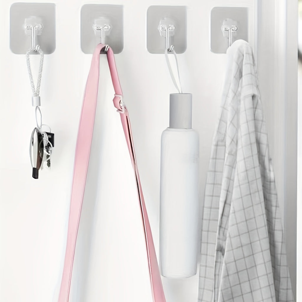 10pcs Strong Sticky Hook, Self Adhesive Wall Hook, Waterproof Hanging Hook, Bathroom Toilet Wall Traceless Storage Hook, Multifunctional Hanging Storage Wall Hook