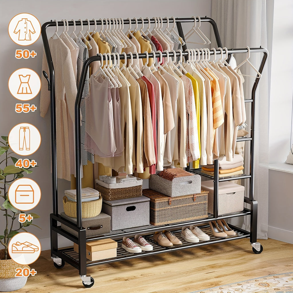 Clothes Rack, Clothing Rack Double Rod Garment Rack Clothing Racks for Hanging Clothes 255LBS Heavy Duty Clothes Rack with Wheels Metal Rolling Closet Rack Laundry Storage Organization