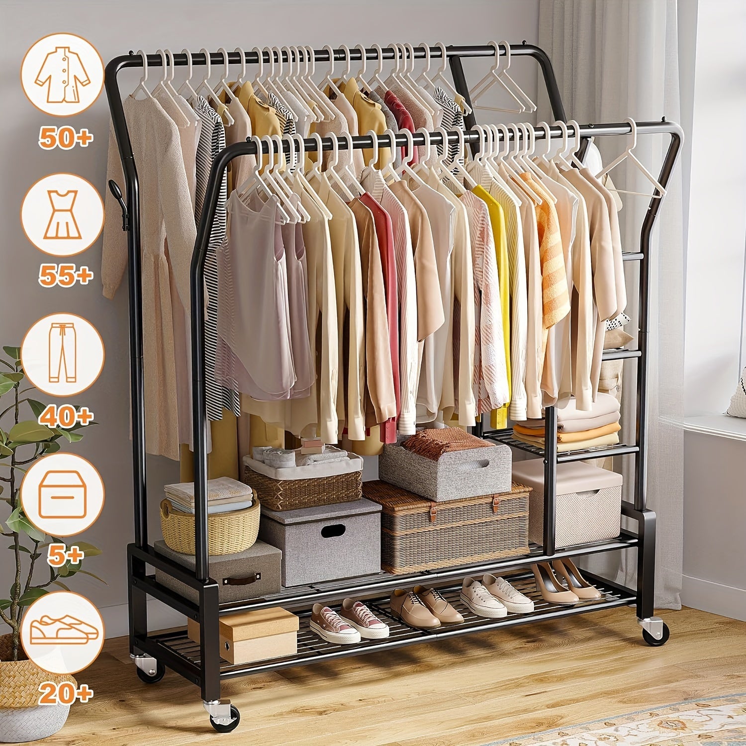 Clothes Rack, Clothing Rack Double Rod Garment Rack Clothing Racks for Hanging Clothes 255LBS Heavy Duty Clothes Rack with Wheels Metal Rolling Closet Rack Laundry Storage Organization