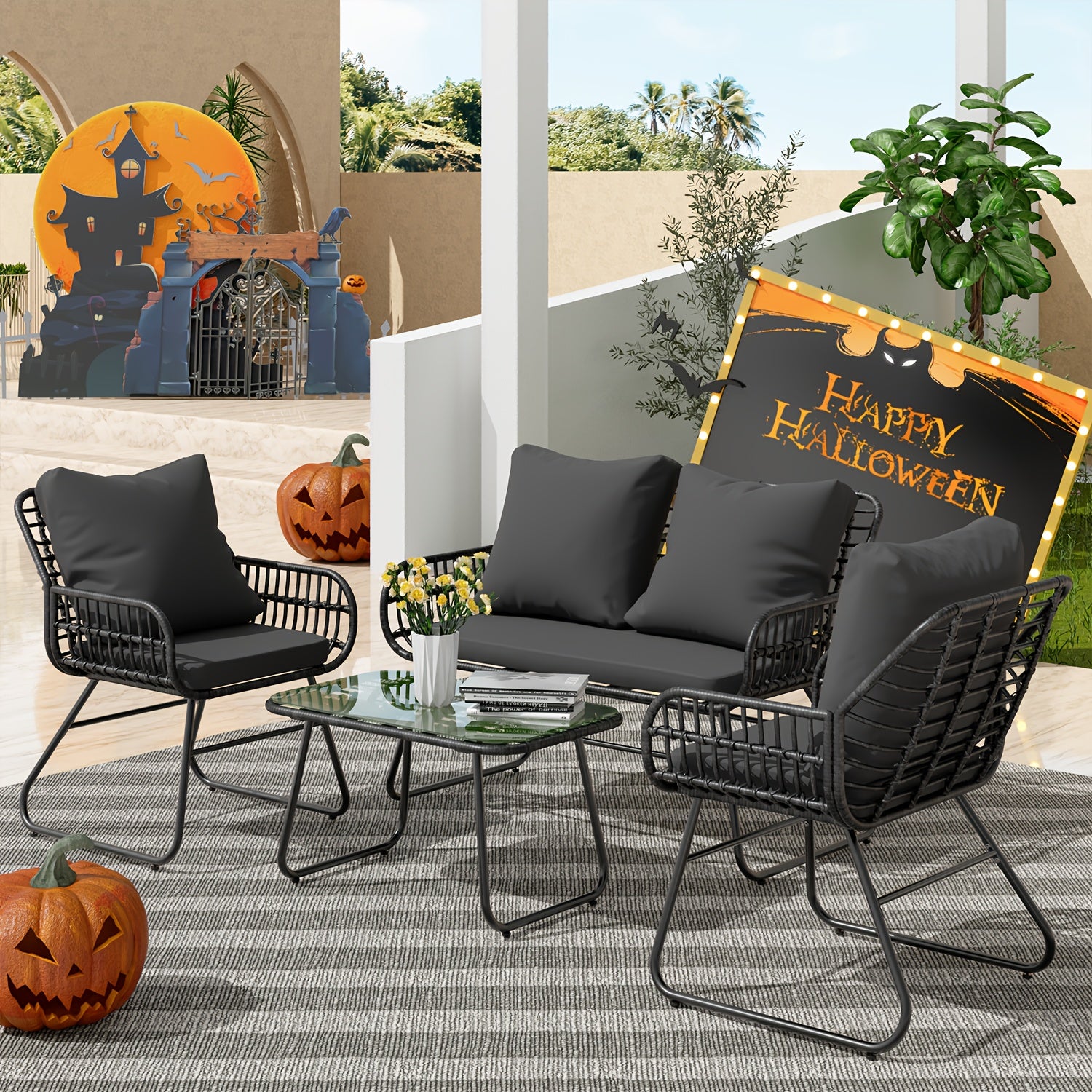 4-Piece Rattan Patio Furniture Set - All-Weather Bistro Conversation Loveseat, Chairs, And Table Set For Outdoor Living Spaces - With Cushions And Metal Table - For Garden Houses & Patios - Perfect for Relaxing & Entertaining