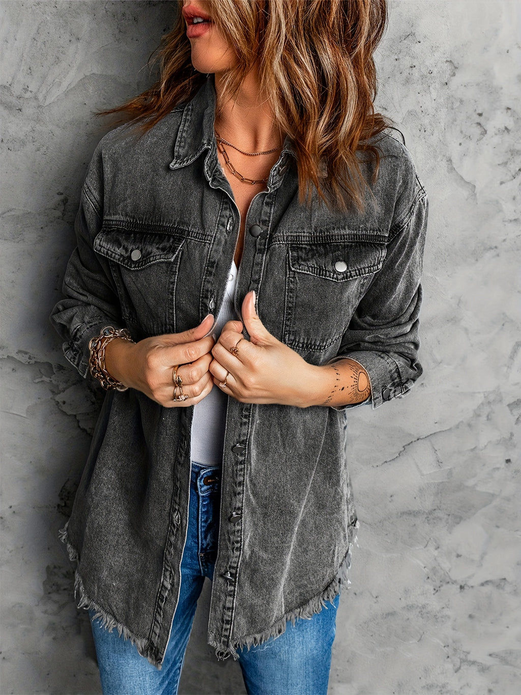 Frayed Hem Long Denim Jackets, Loose Fit Long Sleeves Versatile Lapel Denim Coats, Women's Denim Clothing