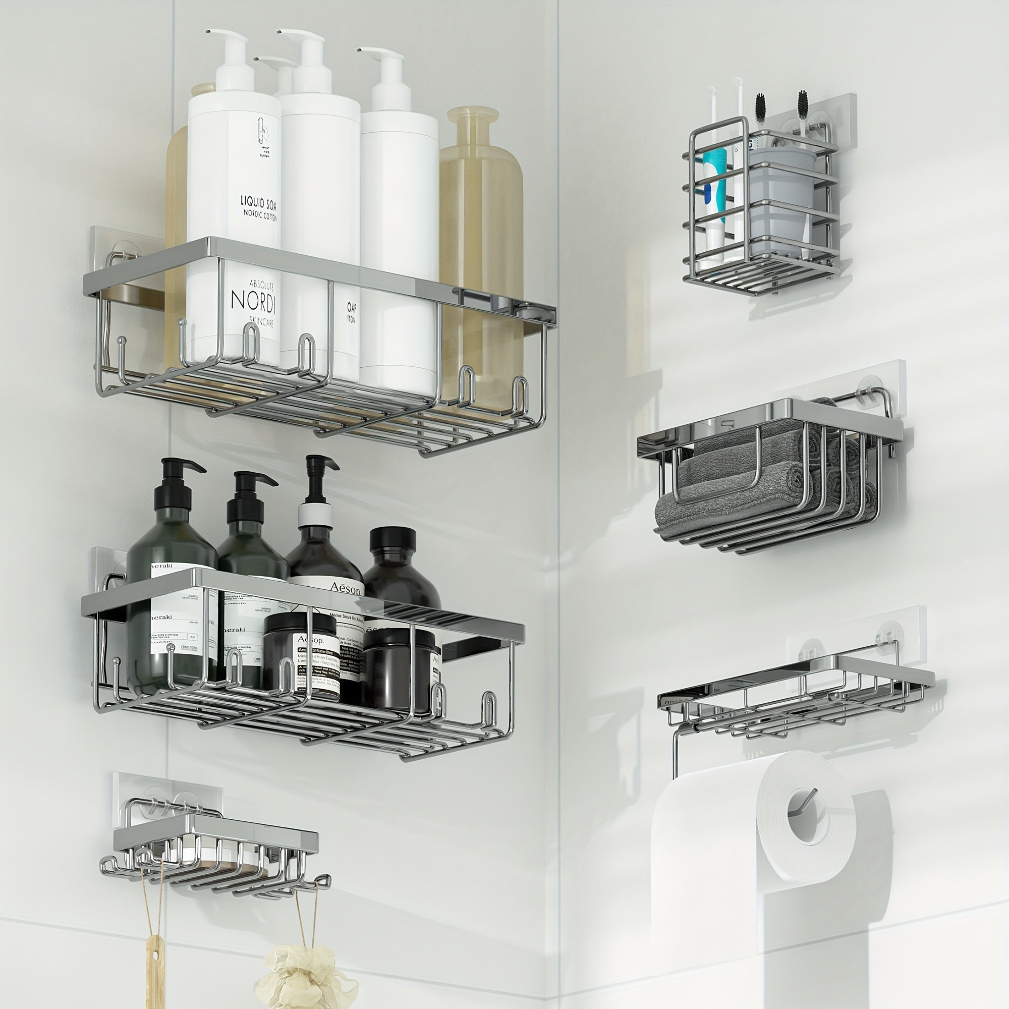 6pcs Stainless Steel Adhesive Shower Caddy, Wall Mount Bathroom Organizer with Soap Holder, Rustproof, Portable, No Drill Needed, Painted Finish, Large Capacity Storage for Kitchen & Home Decor, Shower Organizer, Shower Caddi