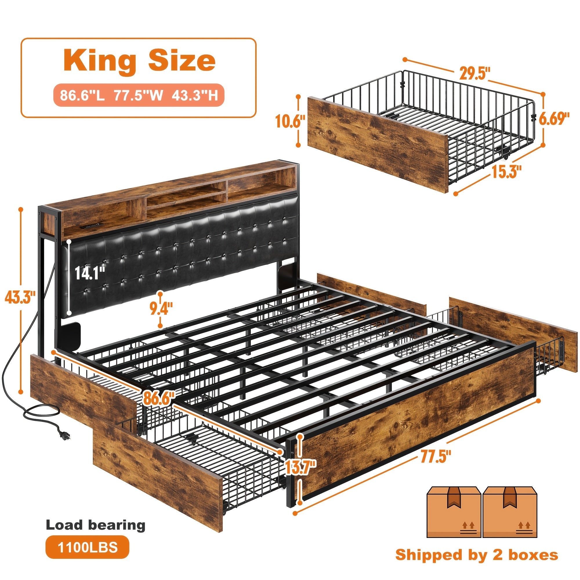 EnHome King/Queen/Full Bed Frame with 4-Tier Storage Drawers & Upholstered Headboard, Heavy-Duty Metal Support, Noise-Free Design, Charging Station (US Plug), No Box Spring Needed, Vintage Brown - Easy Assembly, Hardwood & Me