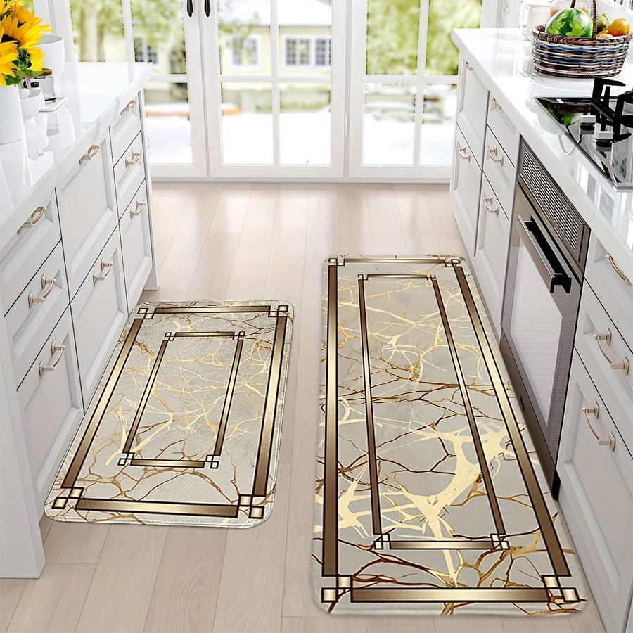 2/3pcs Spring Summer Kitchen Decor Mat Set, Marble Style Gold Plated Printed Floor Mats for Home & Laundry Room Entrance Doorway – Absorbent Lightweight Washable Easter Mother's Day Valentine’s Gift, Kitchen Floor Mats, K