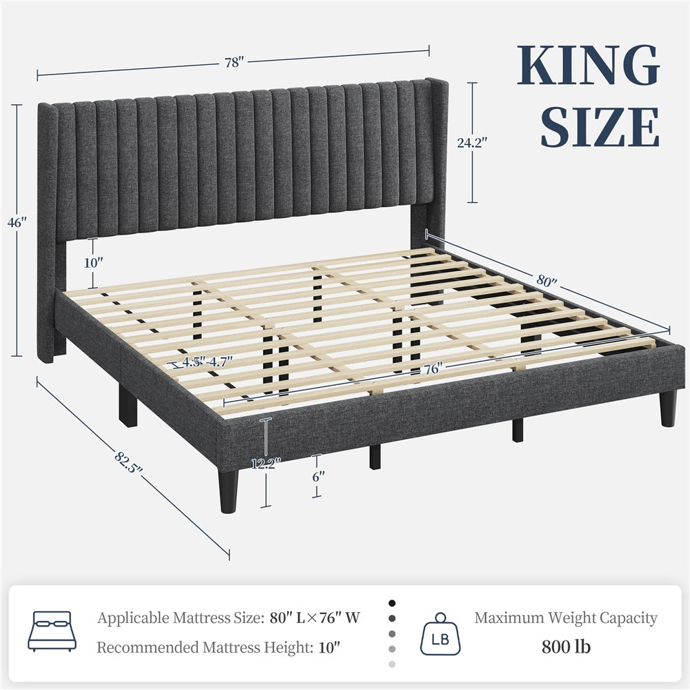 Costoffs Upholstered Bed Frame Full/Queen/King Size, Winged Headboard, Non-Slip, Noiseless, Wooden Slats, Bedroom Furniture, Easy Setup, No Box Spring Required, Installation Guide Included