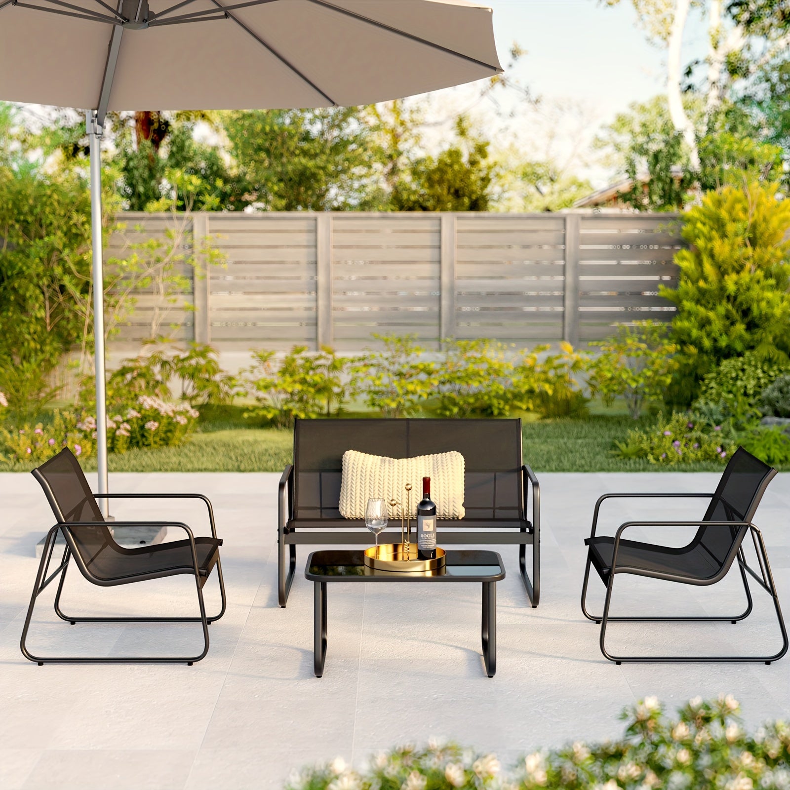 4 Piece Patio Furniture Set, Outdoor Patio Furniture With Loveseat And 2 Single Chairs, Bistro Table And Chairs Set For Backyard, Balcony, Lawn, Black