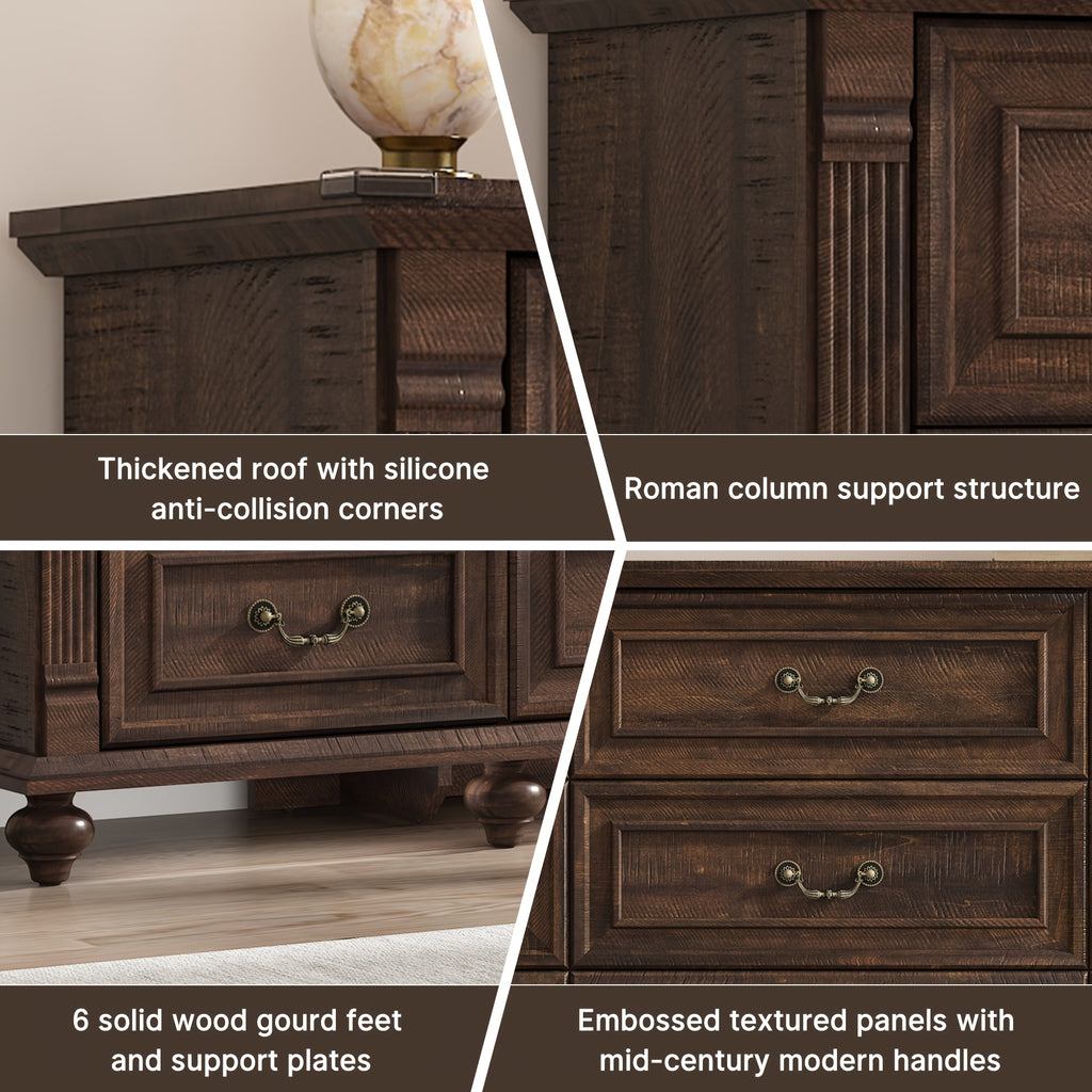 Farmhouse 63in Wide 9 Drawers Dresser with 6 Gourd Feet And Roman Column Decor, Bedroom Furniture, Storage Solution, Classic Design, Elegant Furniture, Mdf Material, Durable Wood, Wide Storage, Spacious Dresser