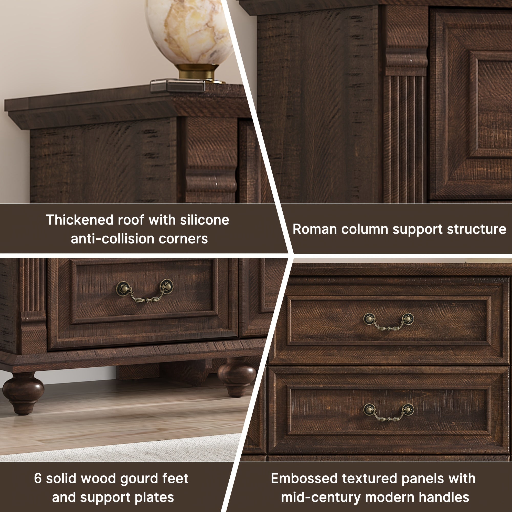 Farmhouse 63in Wide 9 Drawers Dresser with 6 Gourd Feet And Roman Column Decor, Bedroom Furniture, Storage Solution, Classic Design, Elegant Furniture, Mdf Material, Durable Wood, Wide Storage, Spacious Dresser
