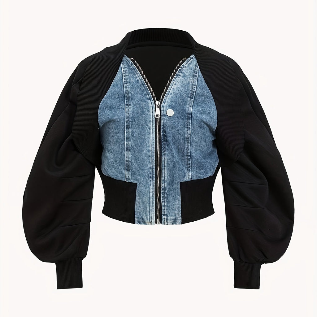 Plus-size Fashion Long-sleeved Denim Jackets, Zippered Short Denim Jackets with Patchwork, Women's Casual Denim Clothing