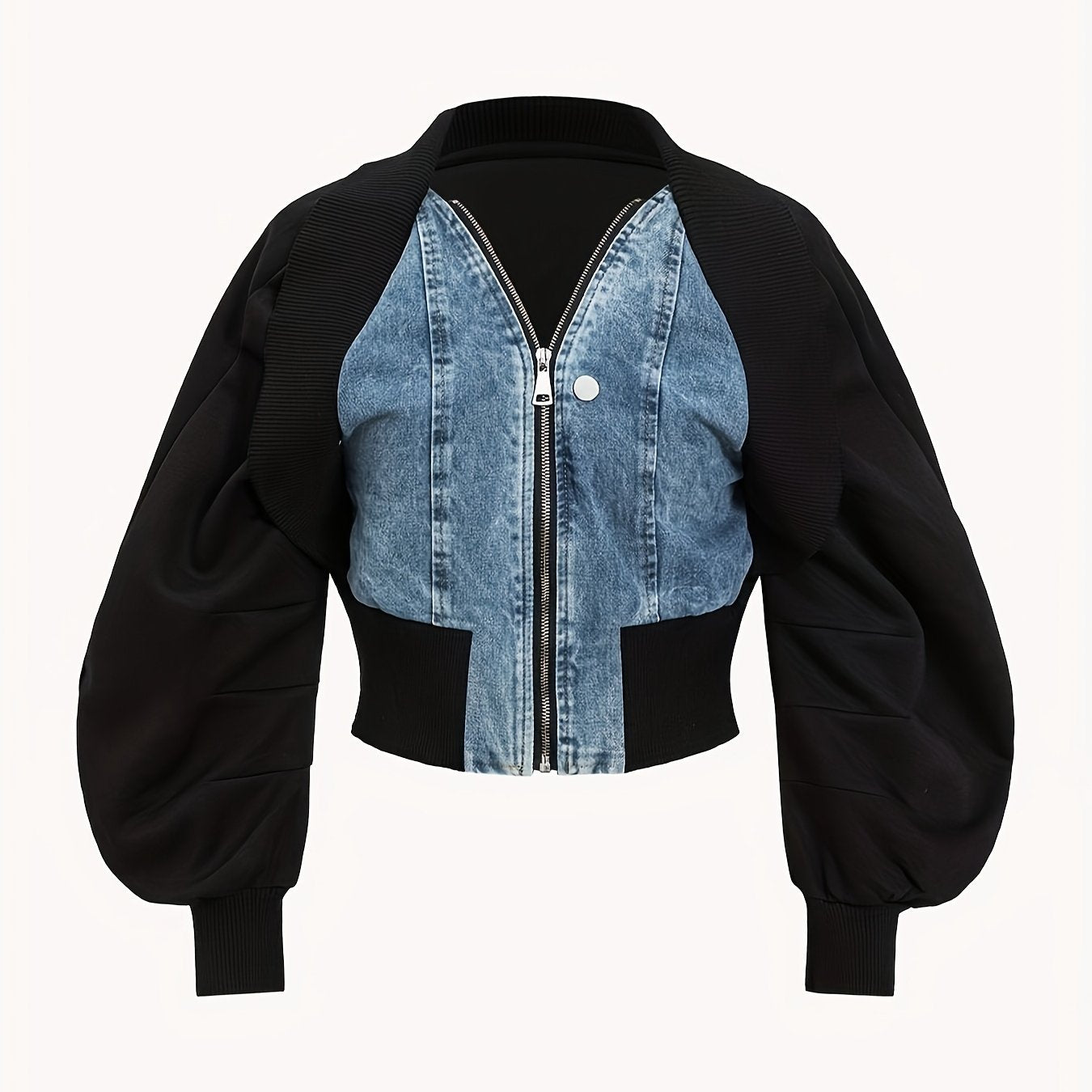 Plus-size Fashion Long-sleeved Denim Jackets, Zippered Short Denim Jackets with Patchwork, Women's Casual Denim Clothing