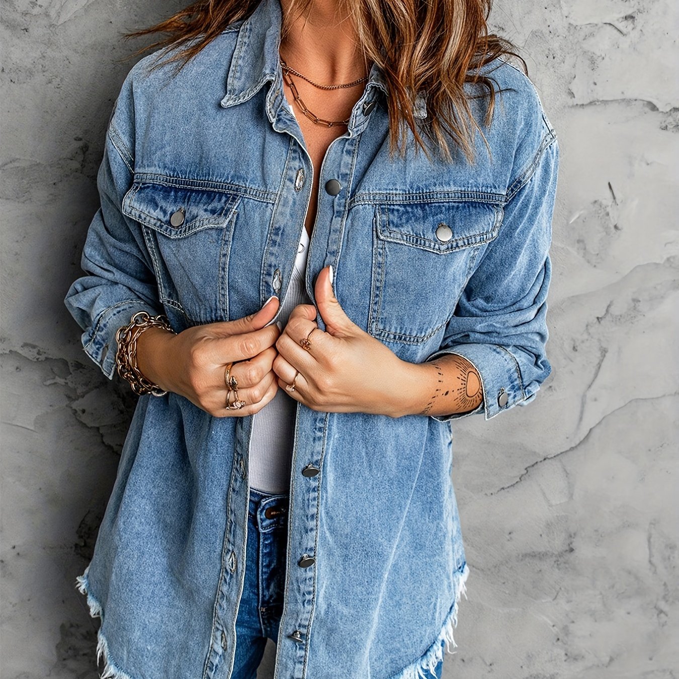 Frayed Hem Long Denim Jackets, Loose Fit Long Sleeves Versatile Lapel Denim Coats, Women's Denim Clothing