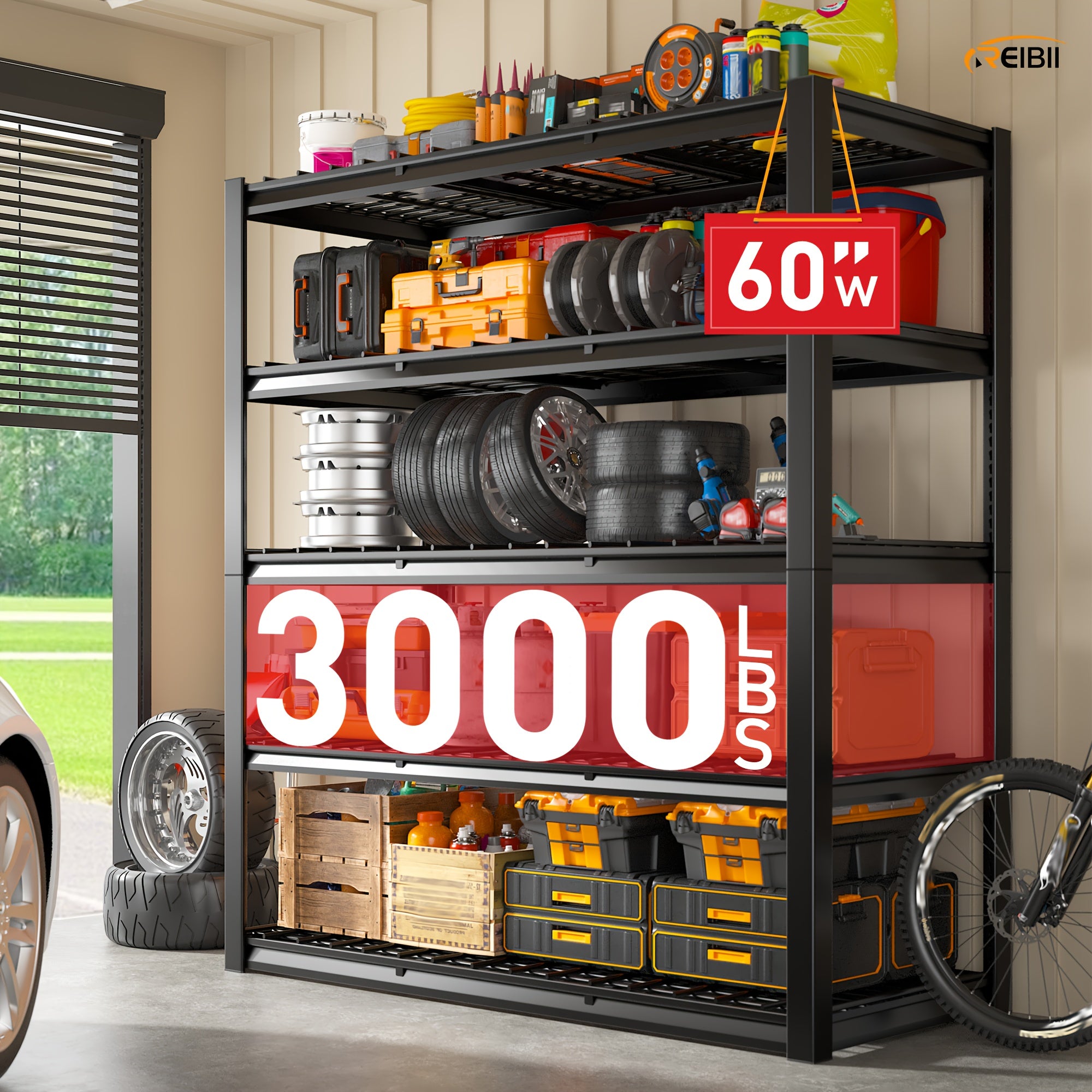 3000 Capacity Heavy-Duty 5-Tier Industrial Shelving Unit - Adjustable Carbon Garage Storage Rack, 60"W x 24"D x 72"H (Extends to 72.1"H) -Standing Shelves for Workshop,, Home & Commercial Use - 3000 lbs Weight Capacity, Utili