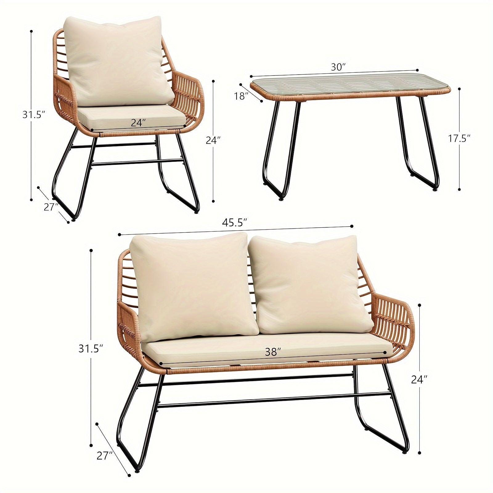 4-Piece Rattan Patio Furniture Set - All-Weather Bistro Conversation Loveseat, Chairs, And Table Set For Outdoor Living Spaces - With Cushions And Metal Table - For Garden Houses & Patios - Perfect for Relaxing & Entertaining