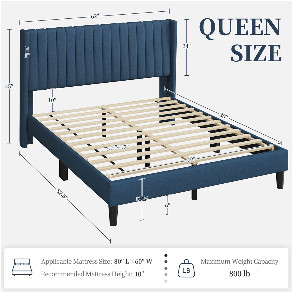 Costoffs Upholstered Bed Frame Full/Queen/King Size, Winged Headboard, Non-Slip, Noiseless, Wooden Slats, Bedroom Furniture, Easy Setup, No Box Spring Required, Installation Guide Included