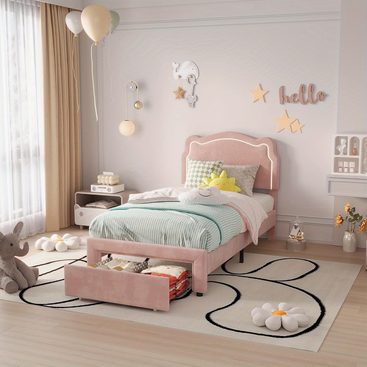 Girls' Twin Size Platform Bed Frame with Adjustable Bear Headboard - Pink Kids bed, No Box Spring Needed, Noise-Free, Hardwood - Girls' Bedroom Furniture for Princess Decor, Sleepover Bed Solution, Whimsical Kids' Style, Rgb