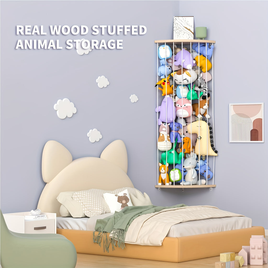 1 Set Large Moon Zoo Toy Shelf - Adjustable Wood Frame Stuffed Animal Organizer - Perfect Corner Hanging Storage for Nursery, Playroom & Bedroom