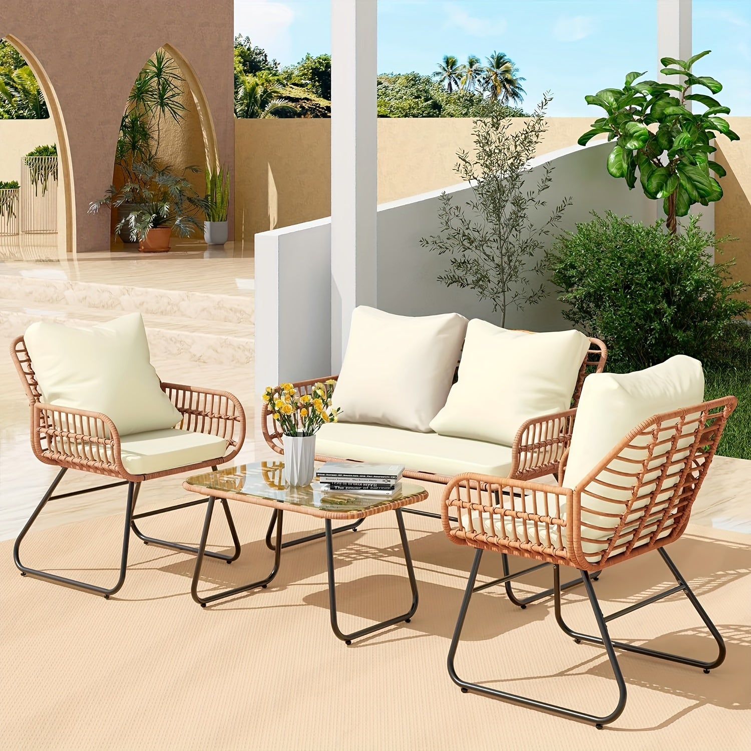 4-Piece Rattan Patio Furniture Set - All-Weather Bistro Conversation Loveseat, Chairs, And Table Set For Outdoor Living Spaces - With Cushions And Metal Table - For Garden Houses & Patios - Perfect for Relaxing & Entertaining