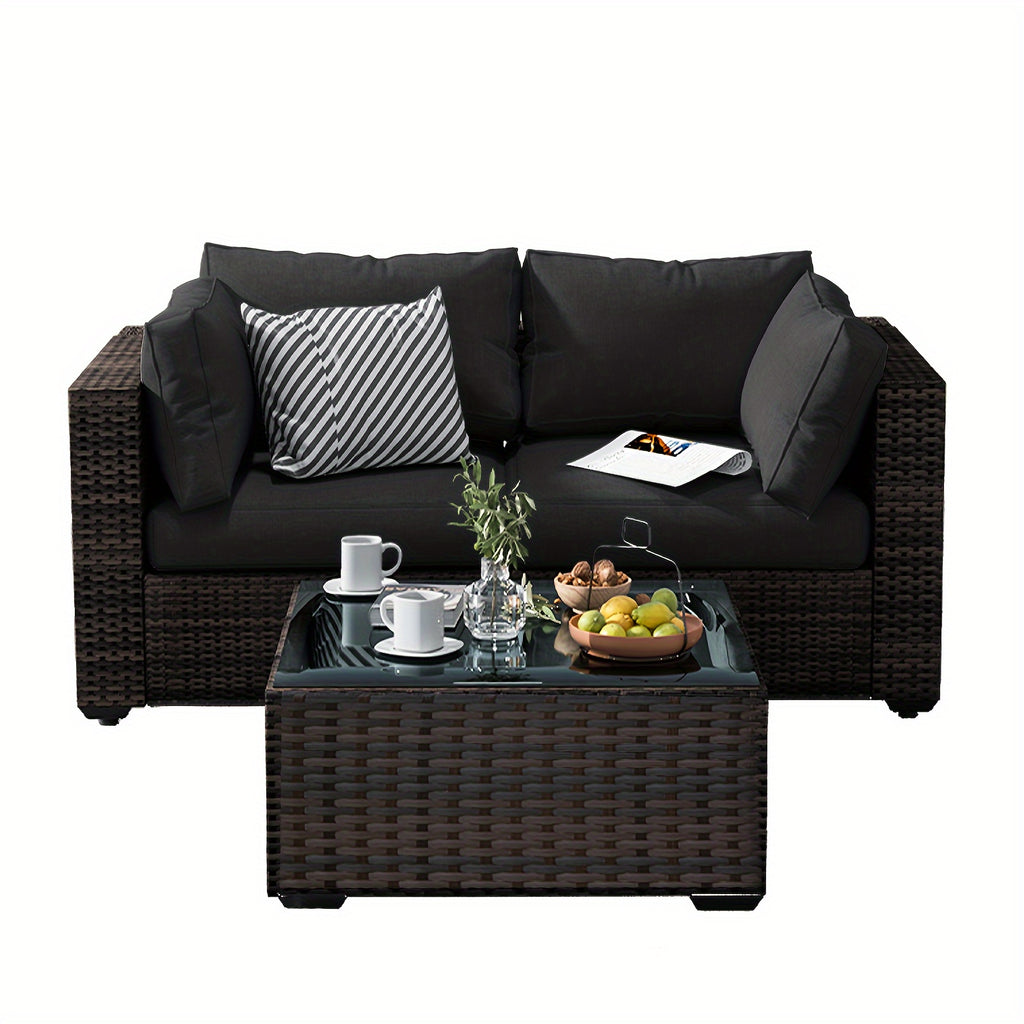 3 Pieces Patio Furniture Set, PE Rattan Wicker 3 Pcs Outdoor Sofa Set W/Washable Cushion And Tempered Glass Coffee Table, Conversation Furniture For Garden Poolside Balcony