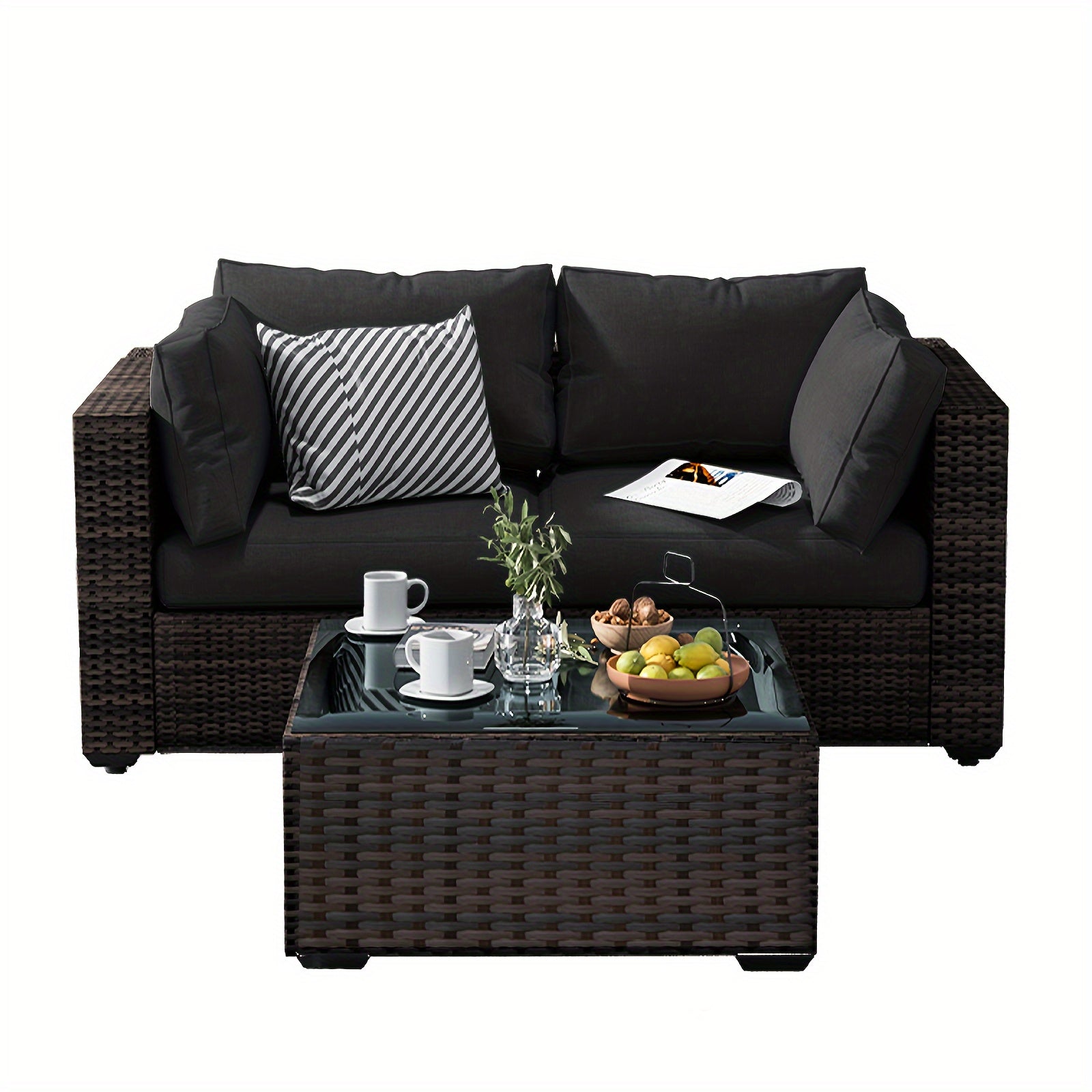 3 Pieces Patio Furniture Set, PE Rattan Wicker 3 Pcs Outdoor Sofa Set W/Washable Cushion And Tempered Glass Coffee Table, Conversation Furniture For Garden Poolside Balcony