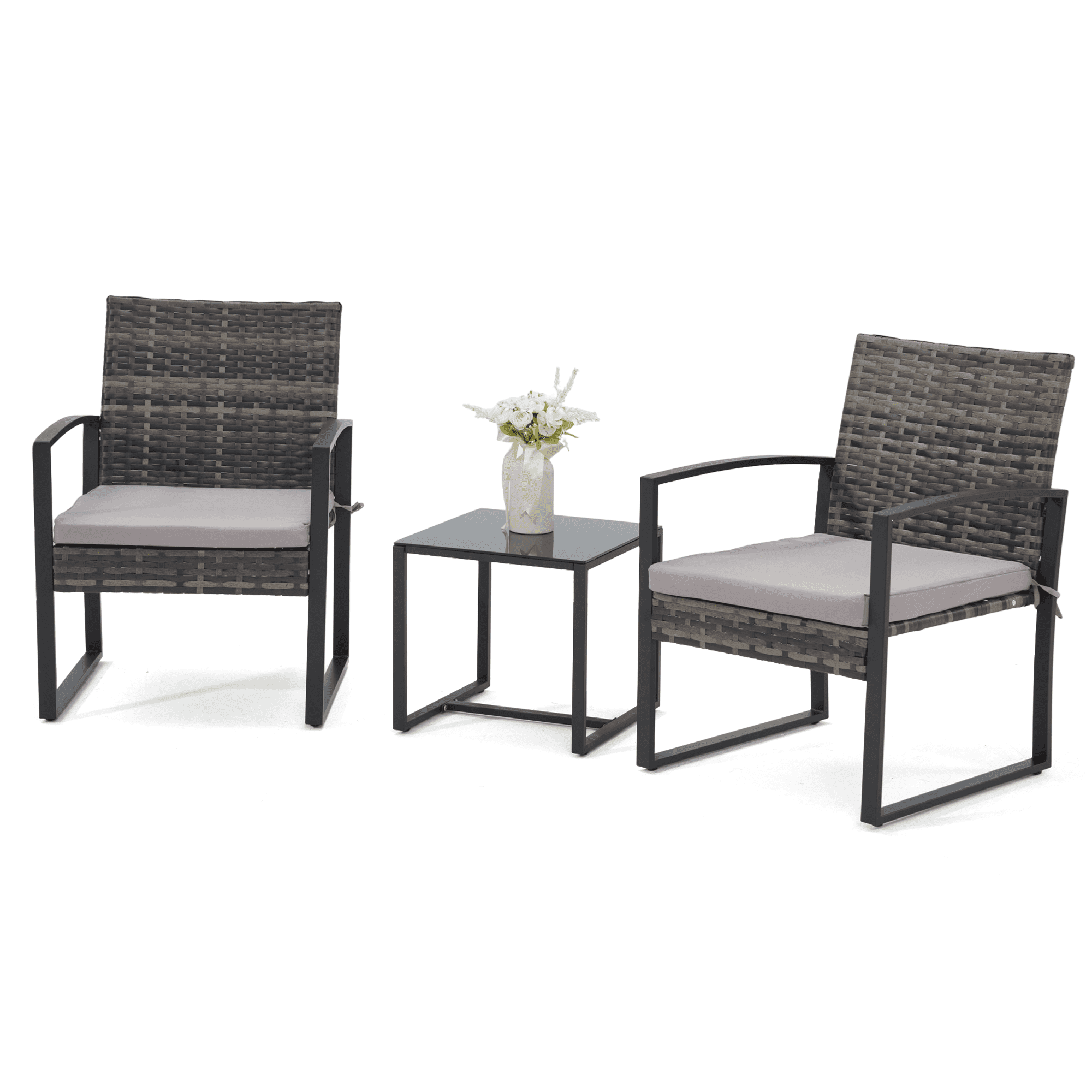 Bezseller 3pcs Patio Furniture Set, Outdoor Rattan Bistro Set with Coffee Table, Durable Steel Frame with Strapped Cushions for Garden, Balcony, Poolside, Backyard