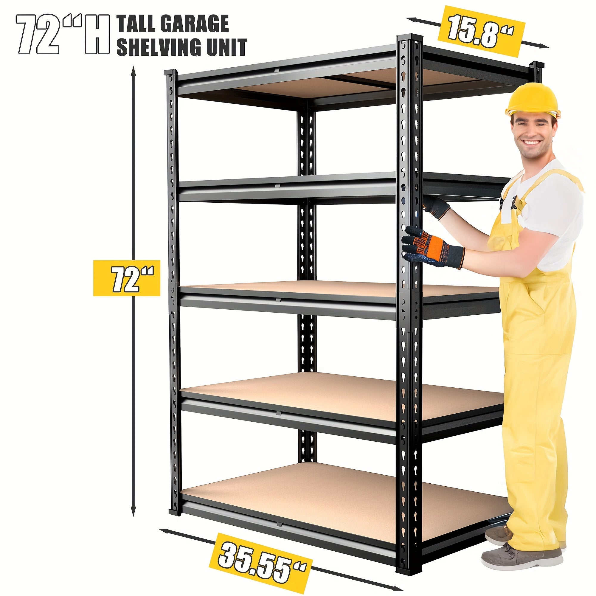 2000LBS Storage Shelves 5 Tier Garage Shelving Heavy Duty, Adjustable Metal Shelving Unit, Garage Shelves for Basement, Warehouse, Pantry, 72.5" H X 35.55" W X 16" D, Black, 60"H×28"W ×12"D, Available In Two Sizes, The Prac