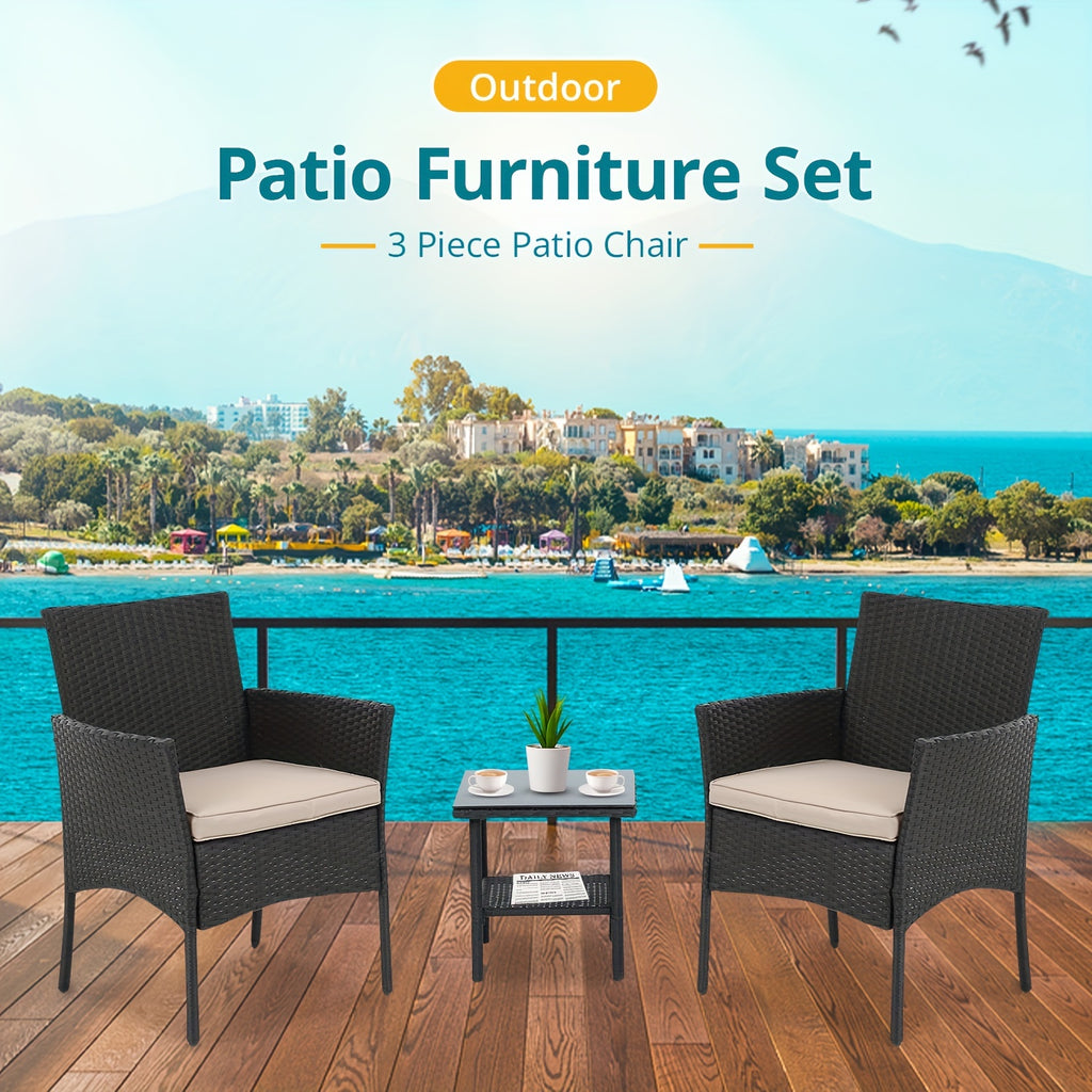 3-Piece PE Rattan Wicker Patio Furniture Set with Handrail - Sturdy Steel Bracket, Comfortable Cushions, and Coffee Table for Outdoor Relaxation in Yard, Balcony, Poolside, and Garden