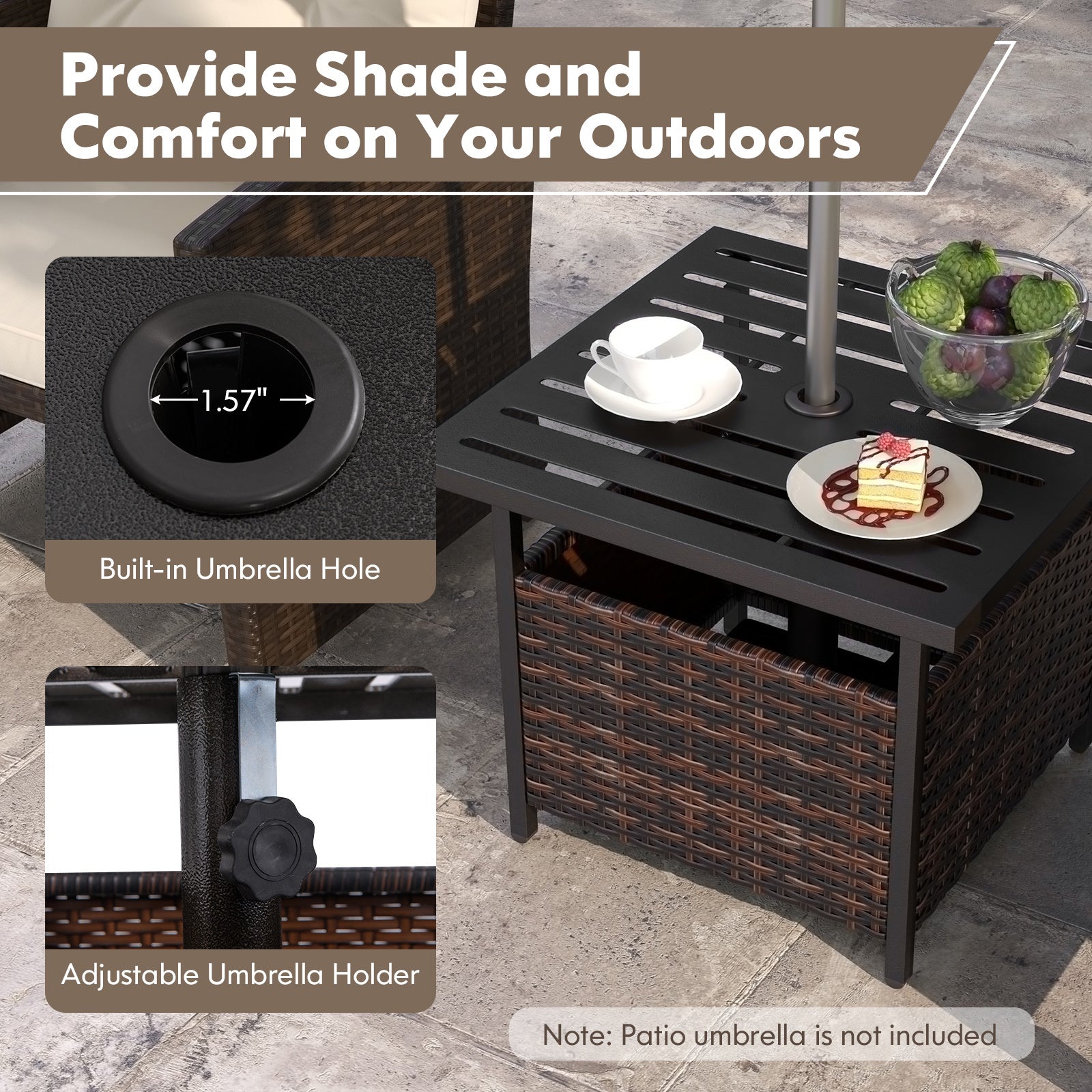 22" LIFEZEAL Outdoor Umbrella Stand Table - Rattan Wicker Side Table with Metal Frame, Built-in 1.57" Hole for Secure Umbrella Placement, Ideal for Patio, Garden, Poolside, Yard - Mix Gray, Patio Furniture | Decorative Outdoo